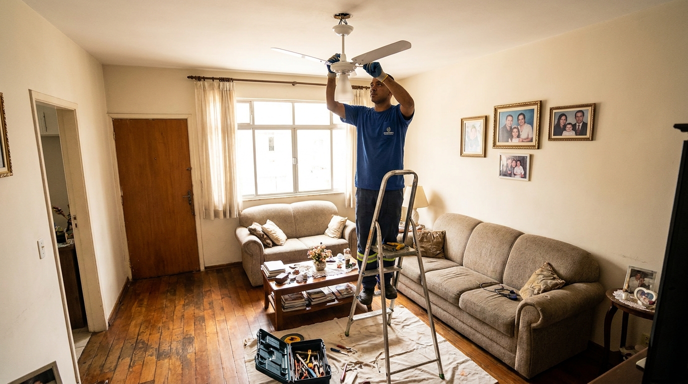 Eletricista instalando ventilador de teto em Guarulhos‑SP